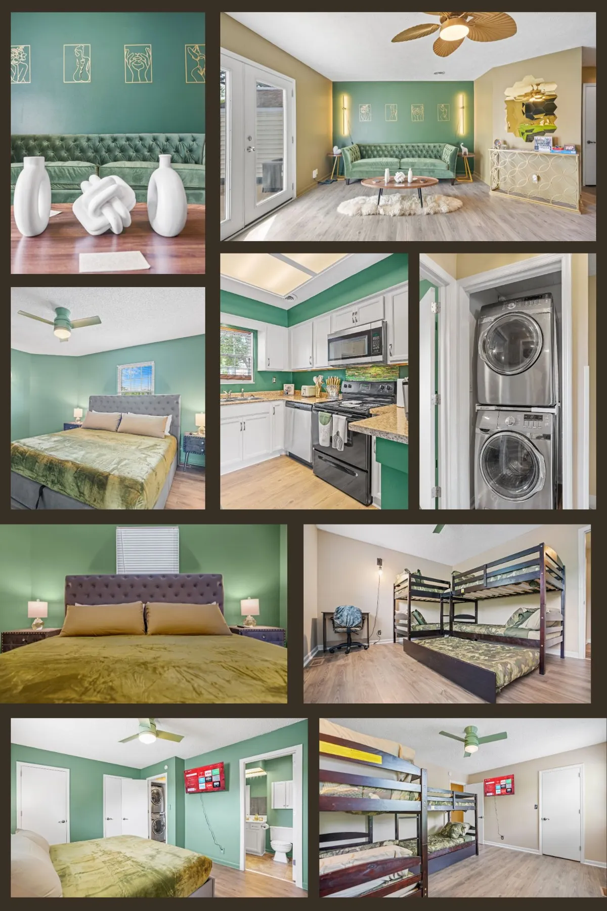 The image showcases a stylish, open-concept living space featuring a plush green velvet couch, chic decorative vases, modern kitchen appliances, and inviting bunk beds visible in the background. The overall mood is welcoming and contemporary, with thoughtful touches making it perfect for families or groups. A laundry unit is also subtly included, signaling convenience for longer stays.