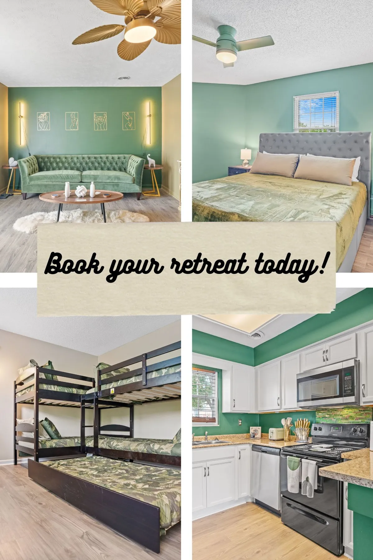 An open-plan view combining a green velvet sofa, bunk beds, a king-sized bed, and kitchen appliances. The space looks cozy, inviting, and multifunctional, signaling areas for both relaxation and group interaction.